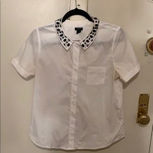 Short sleeved J. Crew button up w/ bejeweled neck